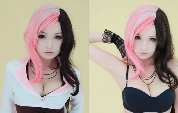 Girl, sexy, lingerie, bra, cleavage, pink hair, long hair, boobs