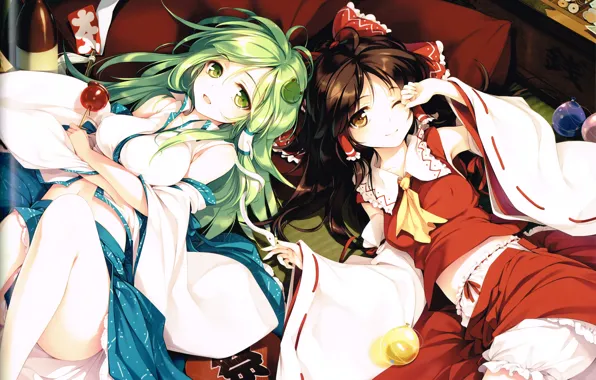 Грудь, улыбка, девушки, платье, леденец, жрица, длинные волосы, touhou