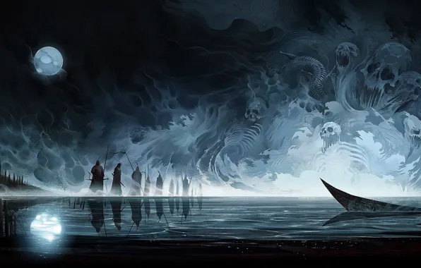 Картинка abstract, skull, Moon, fantasy, water, lake, people, painting