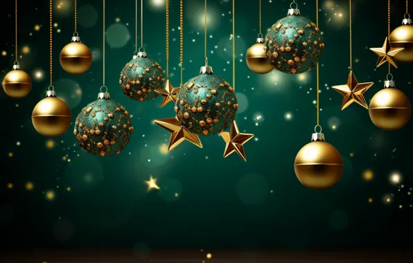 Картинка украшения, темный фон, золото, green, шары, Новый Год, Рождество, golden