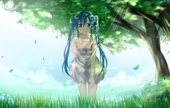 Картинка листья, девушка, свет, деревья, природа, арт, vocaloid, hatsune miku