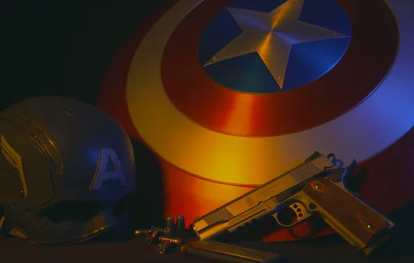 Картинка шлем, щит, captain america, 1911, smith &ampamp; wesson, полуавтоматический пистолет