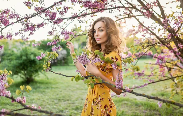 Flowers, tree, pretty, blonde, Георгий Дьяков