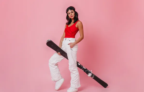 Girl, posing, skis, ski suit