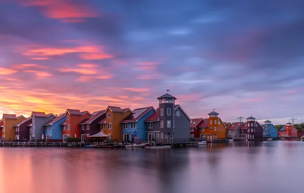 Закат, дома, канал, Netherlands, Groningen, Pascal Teschner