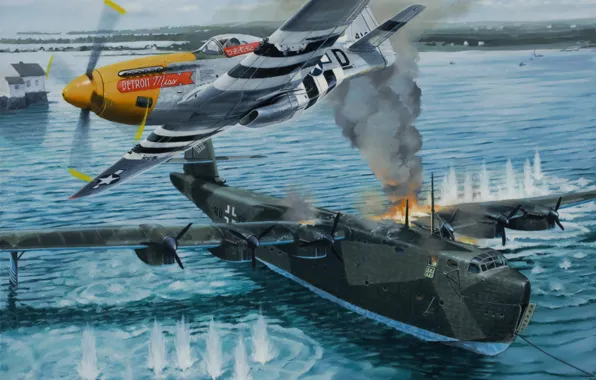 Картинка war, art, painting, ww2, attack, Voss Bv 222 &ampquot;Wiking&ampquot;, P 51 D mustang