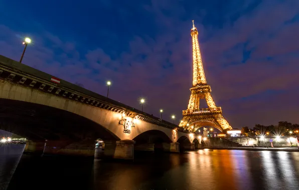 Ночь, мост, огни, река, Франция, Париж, Сена, Эйфелева башня