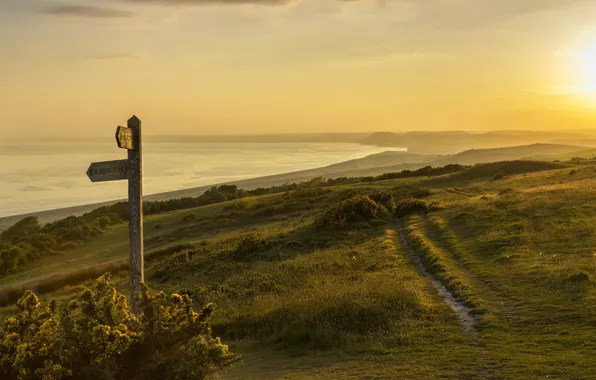 Море, свет, закат, туман, West Dorset, Jurrassic Coast