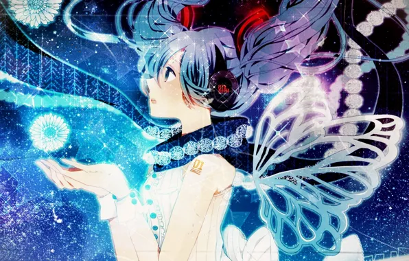 Девушка, цветы, крылья, наушники, арт, vocaloid, hatsune miku, вокалоид