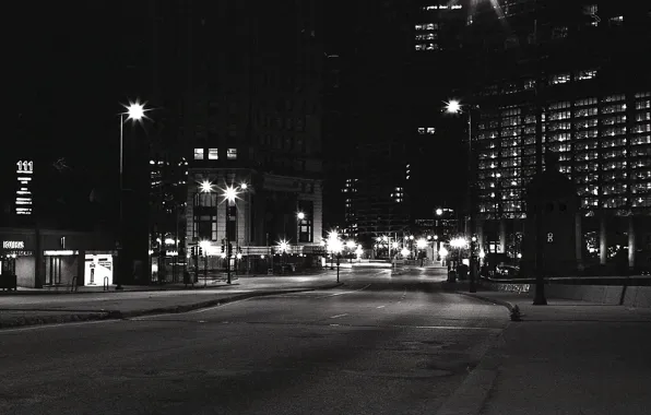 Картинка ночь, улица, небоскребы, Чикаго, фонари, USA, Chicago, illinois