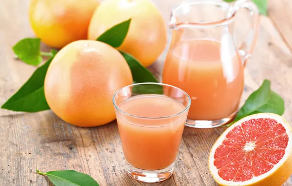 Сок, фрукты, грейпфруты, стакан. кувшин