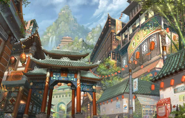 Картинка город, азия, здания, гора, бамбук, арт, фонари, водопады