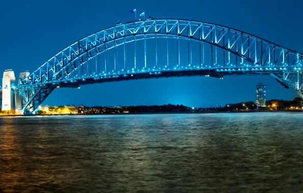 Ночь, мост, огни, река, Австралия, фонари, Сидней, набережная