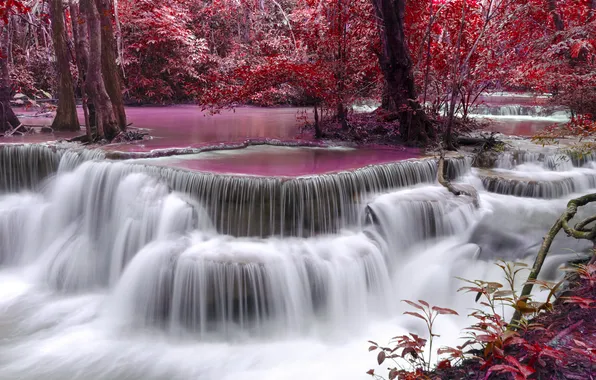 Картинка river, autumn, waterfall, purple, flow