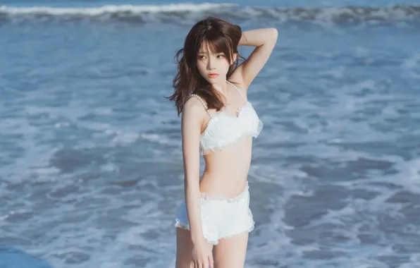 Beautiful, Asian, Model, Coast, Beach, Water, Woman, Ocean