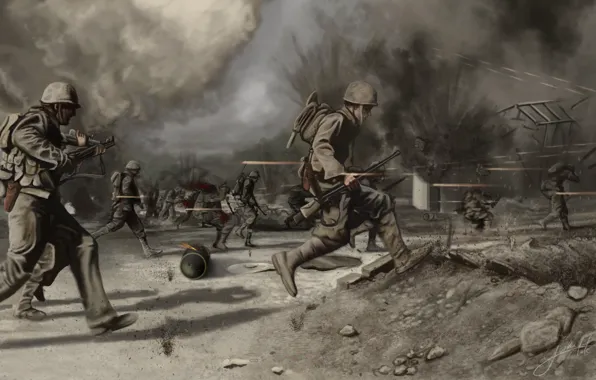Картинка поле, война, солдаты, war, пустош, Crossing the battlefield