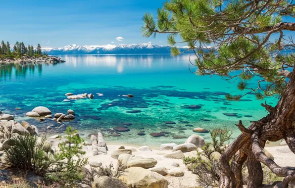Лето, природа, озеро, камни, прозрачная вода, берег, Калифорния, lake Tahoe