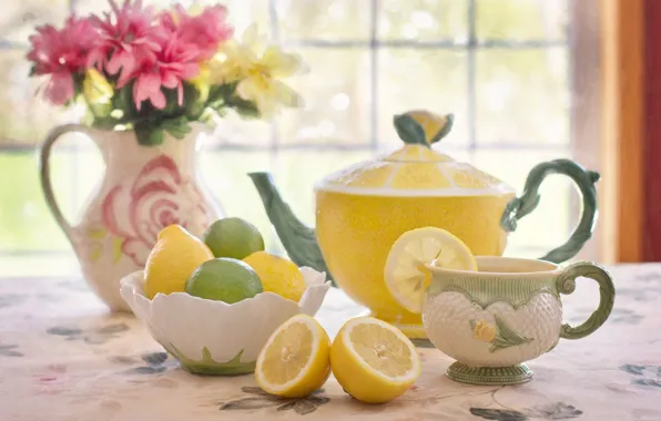 Цветы, лимон, чай, букет, чайник, чашка, лайм, цитрус