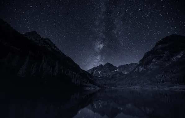 Картинка небо, звезды, горы, ночь, озеро, млечный путь