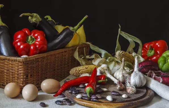 Еда, яйца, кукуруза, лук, баклажан, перец, овощи, чеснок