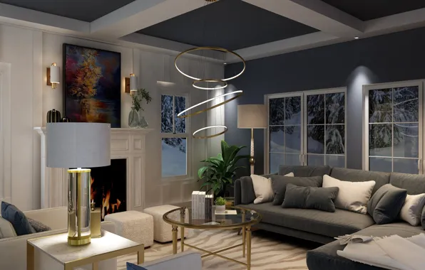 Дизайн, стиль, тепло, комната, интерьер, камин, уютно, Snowy living room