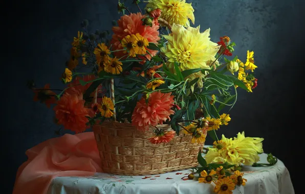 Цветы, букет, натюрморт, корзинка, георгины