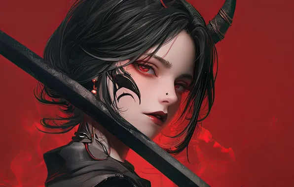 Girl, Anime, Samurai, Tattoo, Katana, Anime Girl, AI Art, AI Generated