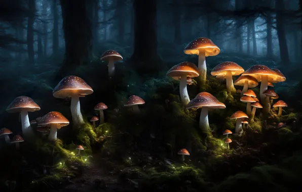 Картинка forest, art, fog, digital art, mushrooms, Stable Diffusion, neuronet, Ai art