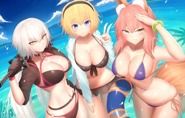 Sword, sexy, cleavage, pink hair, sky, long hair, sea, girls