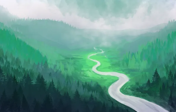 Лес, река, холмы, арт, ёлки, нарисованный пейзаж