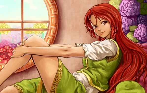 Картинка девушка, цветы, окно, арт, рыжая, touhou, гортензия, shiba murashouji