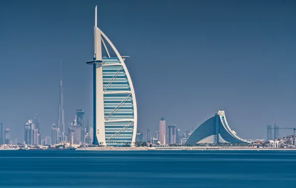 Картинка море, дома, парус, Бурдж аль-Араб, Дубай, отель, ОАЭ, Бурдж Халифа
