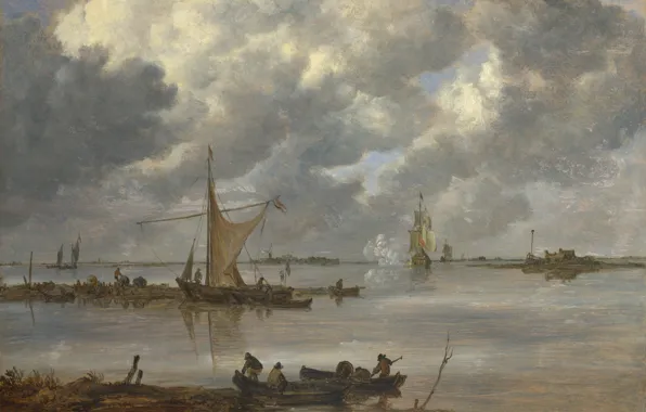 Картина, морской пейзаж, Jan van Goyen, Ян ван Гойен, Лиман с рыбацкими лодками и двумя …
