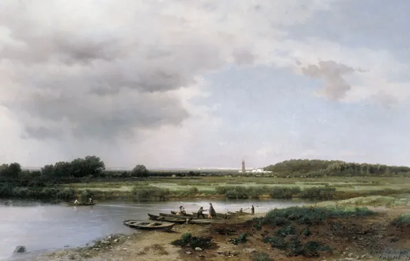 Картинка пейзаж, масло, картина, холст, Лев КАМЕНЕВ, Вид на Реку Казанку