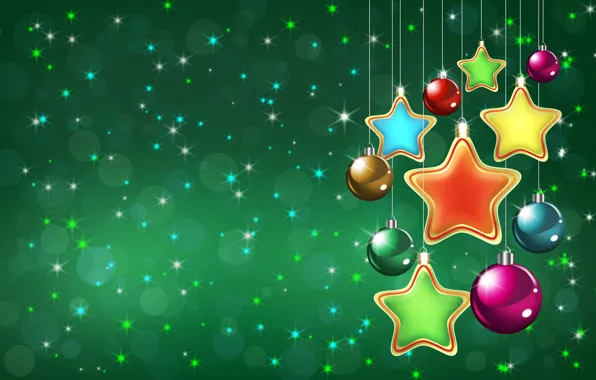 Картинка праздник, Новый год, зеленый фон, елочные игрушки