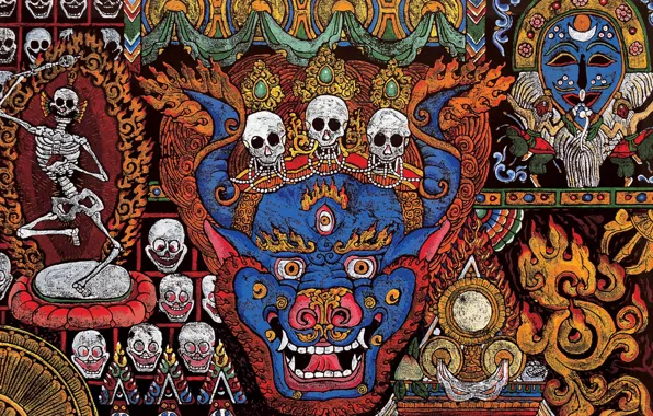 Картинка огонь, мистика, демон, черепа, живопись, оккультизм, тибетская книга мертвых, танцующие скелеты