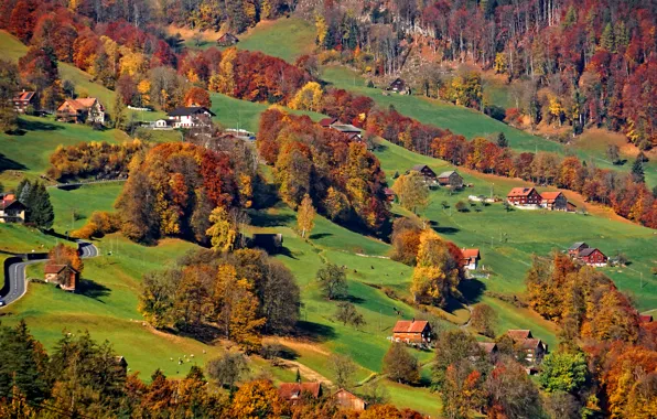 Картинка дорога, осень, трава, деревья, горы, дома, склон, Альпы