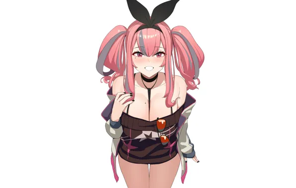 Girl, sexy, cleavage, pink hair, long hair, dress, boobs, anime