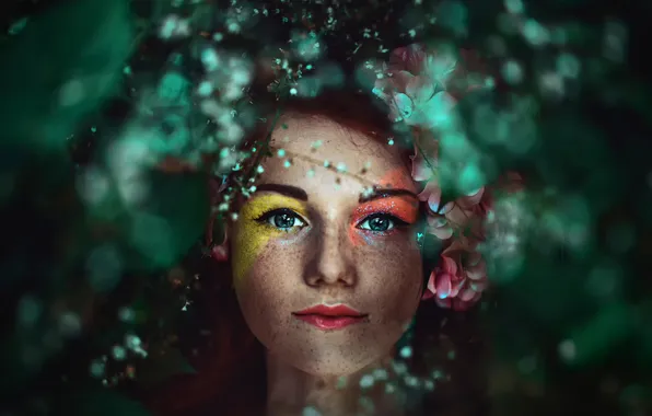 Взгляд, цвета, девушка, макияж, веснушки, eyes of the forest