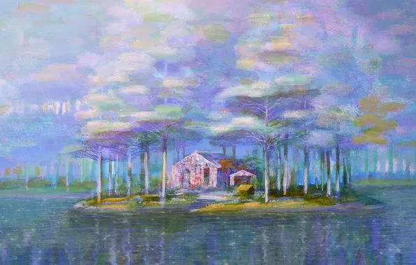 Картинка дом, река, картина, Iblard Jikan