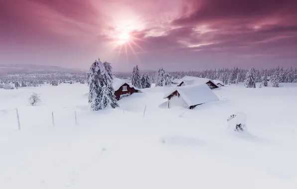 Картинка зима, небо, снег, дома