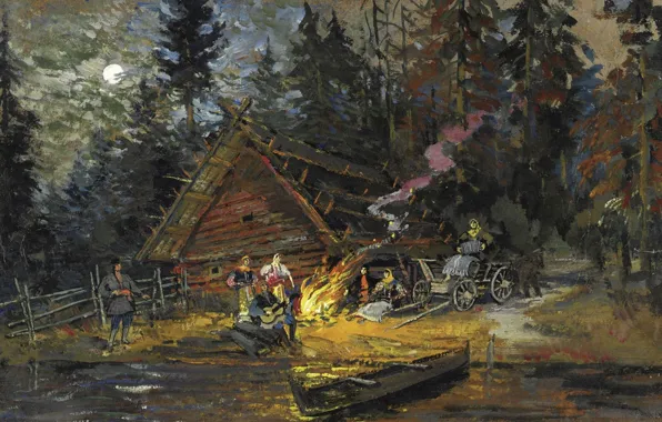 Картинка пейзаж, лодка, картина, изба, Константин Коровин, Песни вокруг Костра