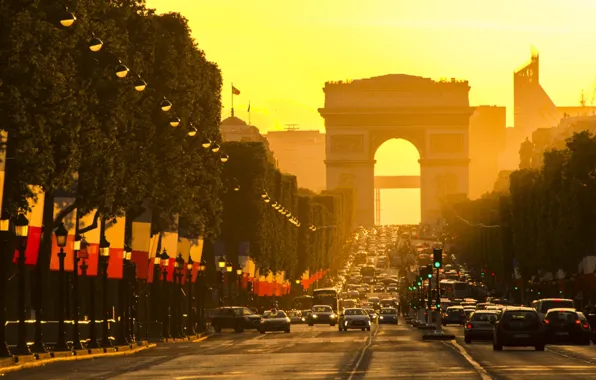 Картинка city, light, Paris, road, cars, trees, sunset, France