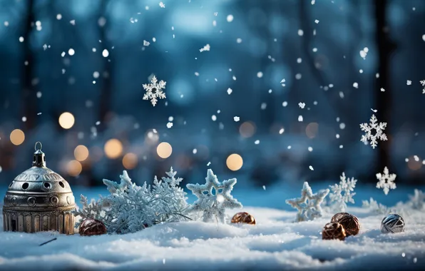 Картинка снег, украшения, ночь, шары, Рождество, Новый год, Christmas, balls