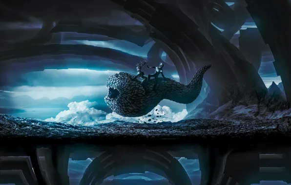 Облака, горы, нечто, существа, полёт, the chase