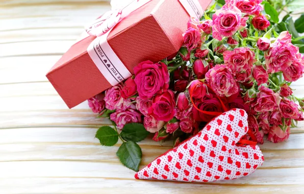 Картинка коробка, подарок, розы, love, бант, heart, pink, flowers
