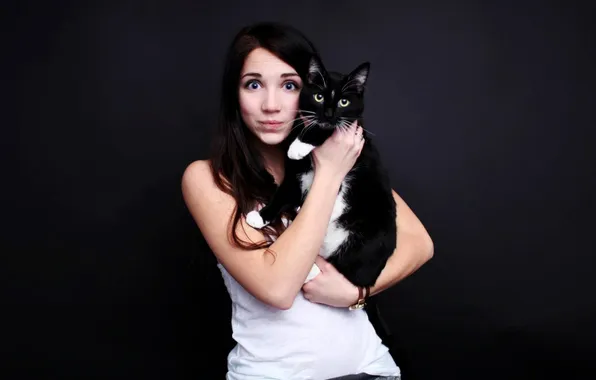 Картинка кот, девушка, модель, cat, model, brunette, Emily Rudd