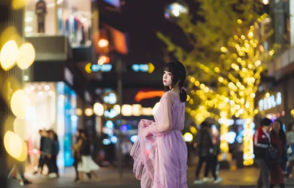 Beautiful, Asian, Model, Lights, Night, Street, Woman, Back