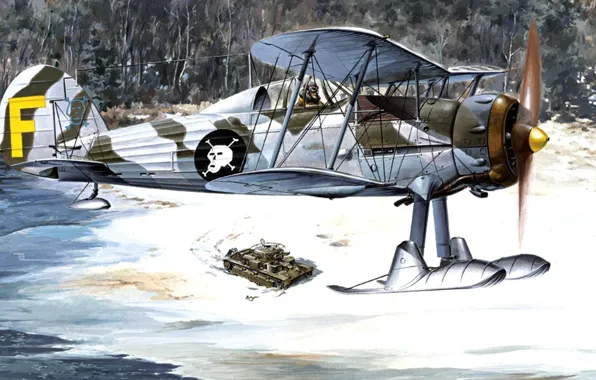 Рисунок, арт, ВВС Финляндии, Gloster Gladiator, британский истребитель-биплан