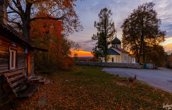 Осень, пейзаж, закат, село, вечер, церковь, Тульская область, Илья Гарбузов